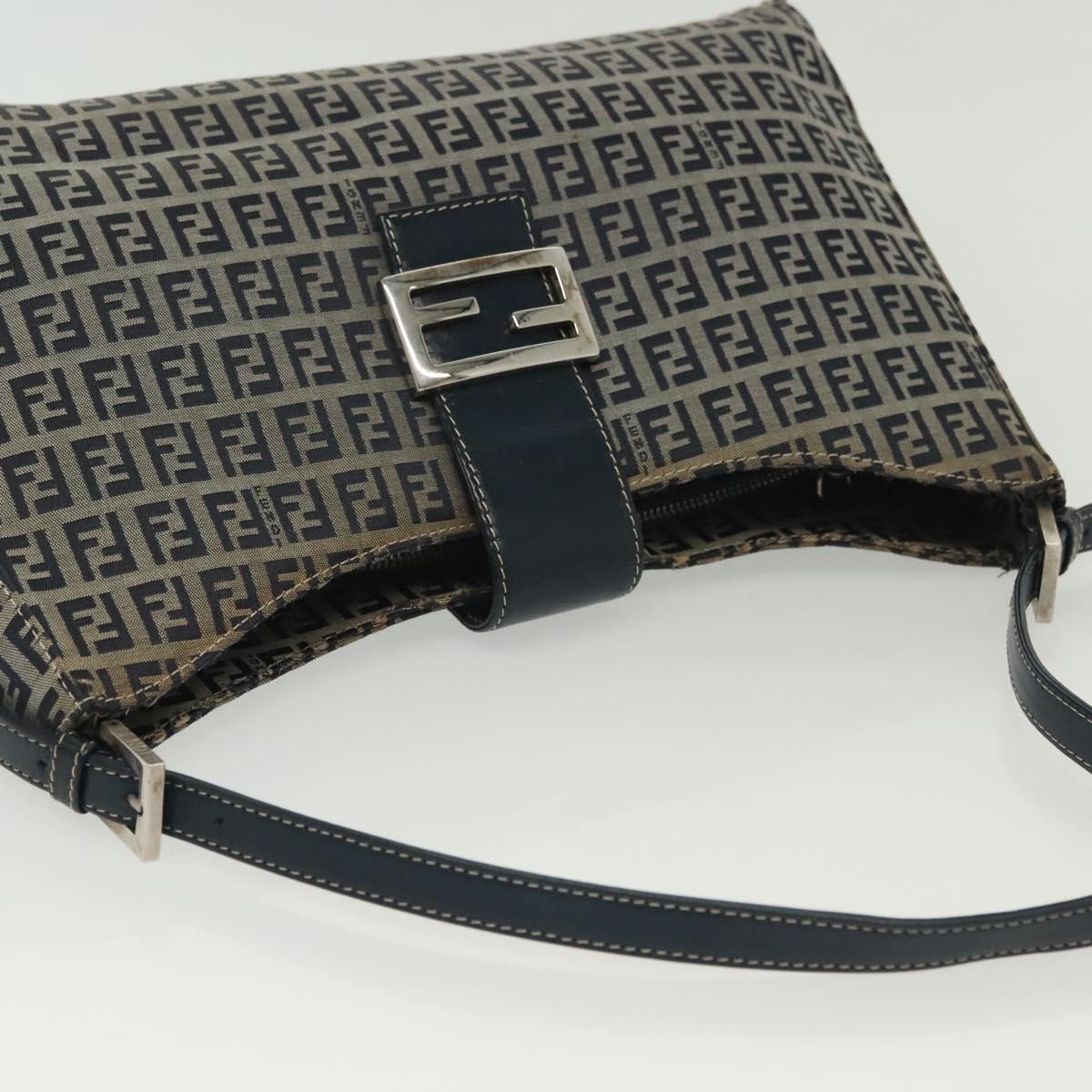 FENDI Zucchino Canvas Mamma Baguette Shoulder Bag Navy Silver Auth 142298