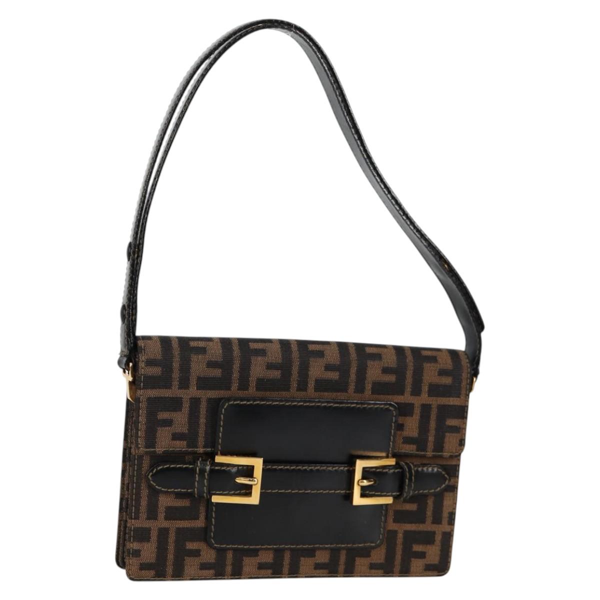FENDI Zucca Canvas Shoulder Bag Black Brown Auth 142299V