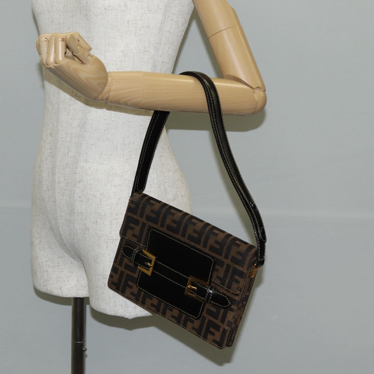 FENDI Zucca Canvas Shoulder Bag Black Brown Auth 142299V