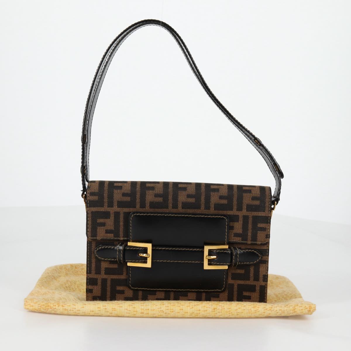 FENDI Zucca Canvas Shoulder Bag Black Brown Auth 142299V