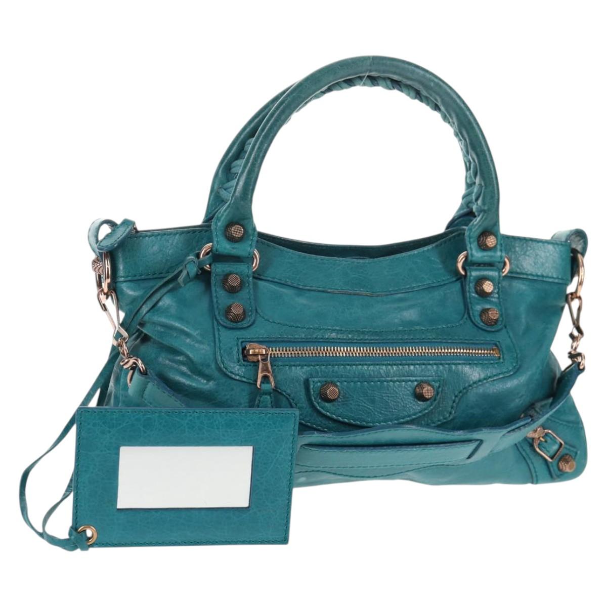 BALENCIAGA The Giant First Hand Bag Leather 2way Turquoise Blue Auth 142301V
