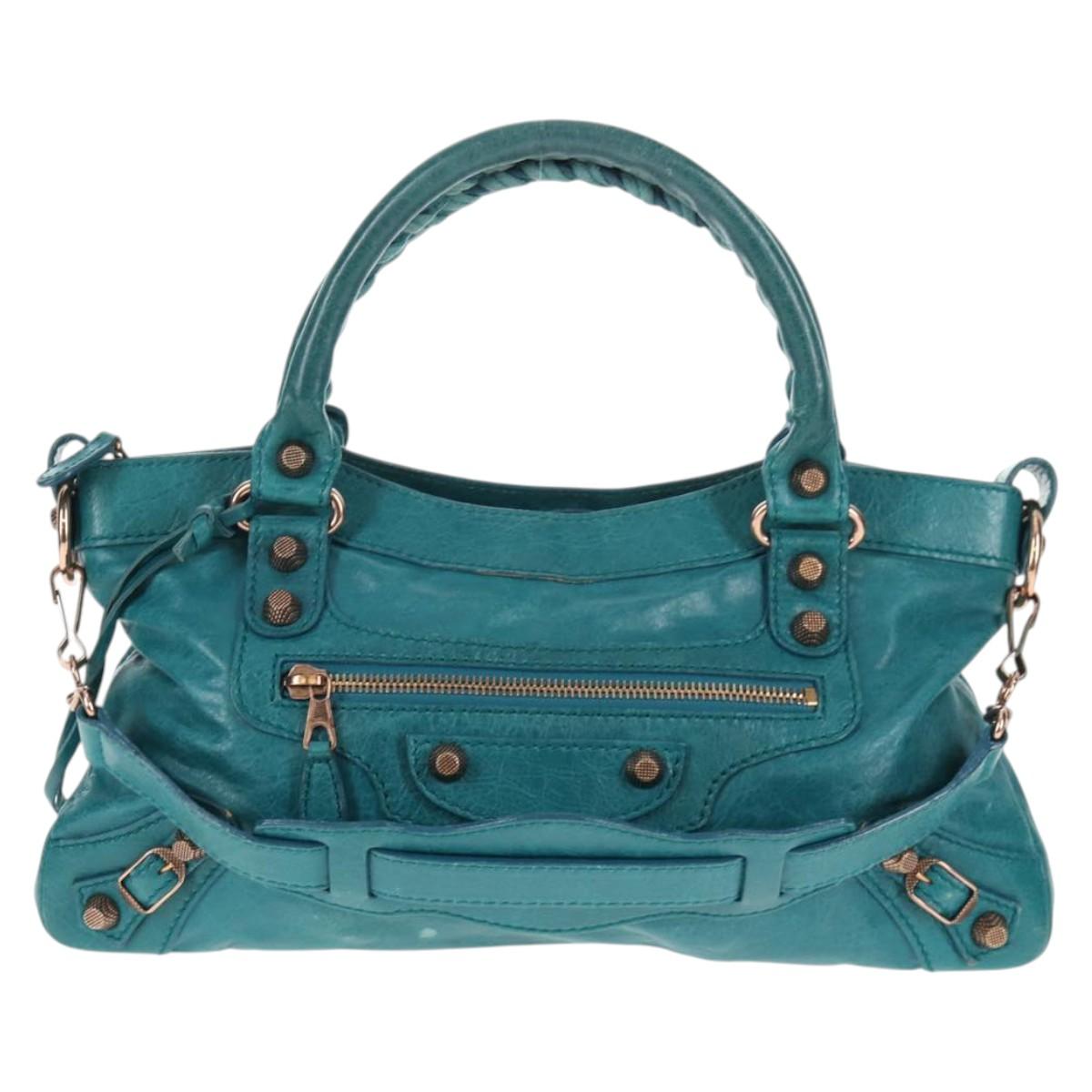 BALENCIAGA The Giant First Hand Bag Leather 2way Turquoise Blue Auth 142301V