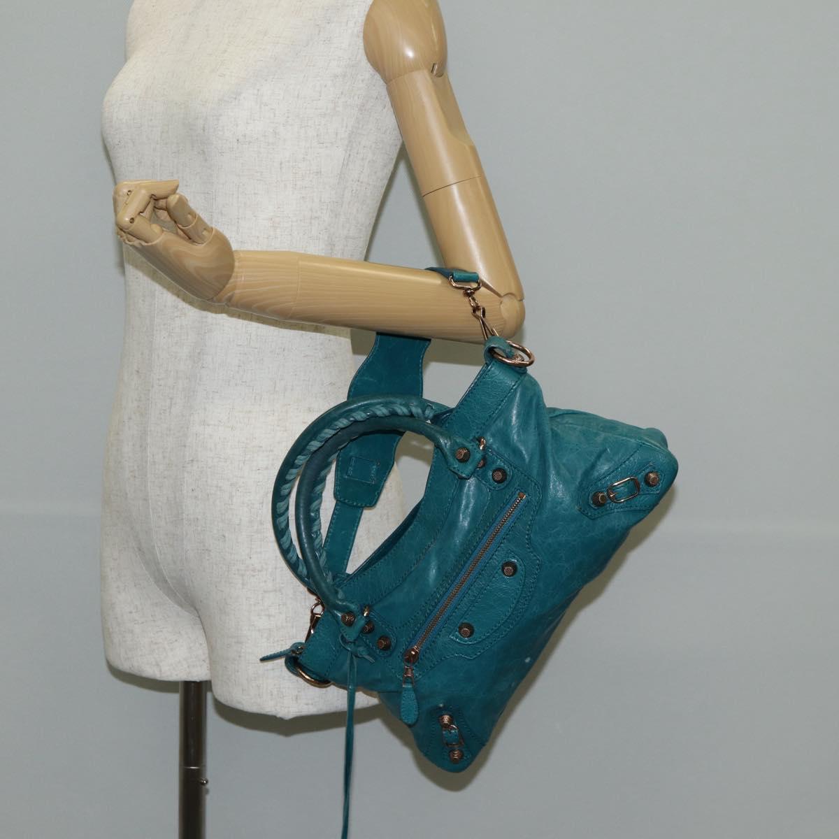 BALENCIAGA The Giant First Hand Bag Leather 2way Turquoise Blue Auth 142301V