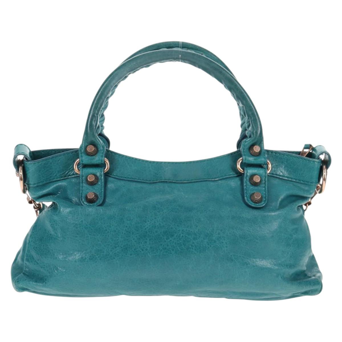BALENCIAGA The Giant First Hand Bag Leather 2way Turquoise Blue Auth 142301V