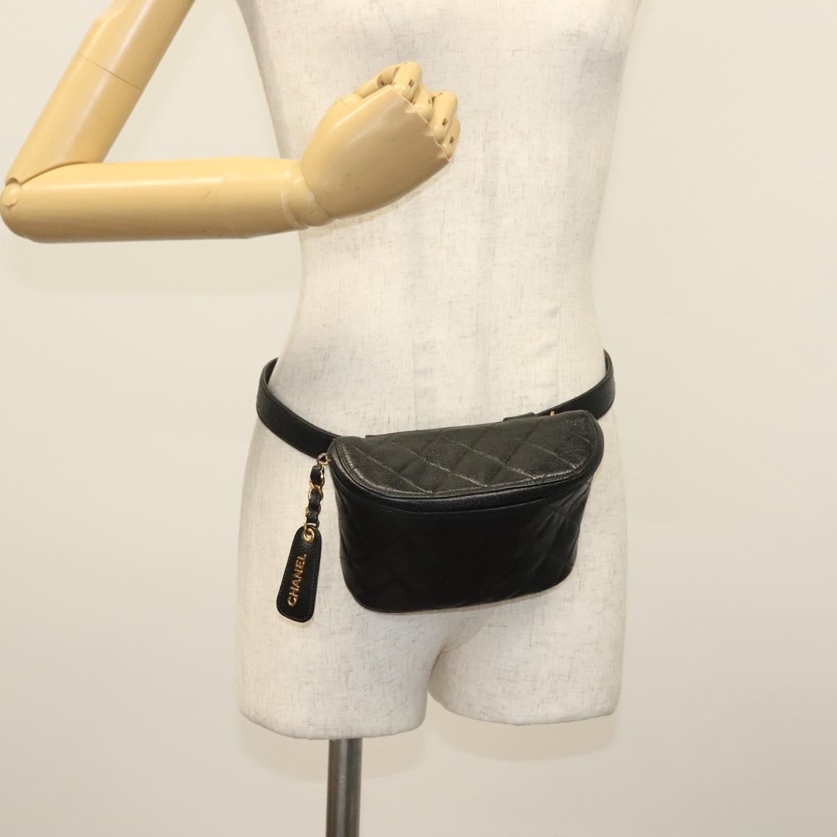 CHANEL Matelasse Waist Bag Caviar Skin Black Gold CC Auth 142308