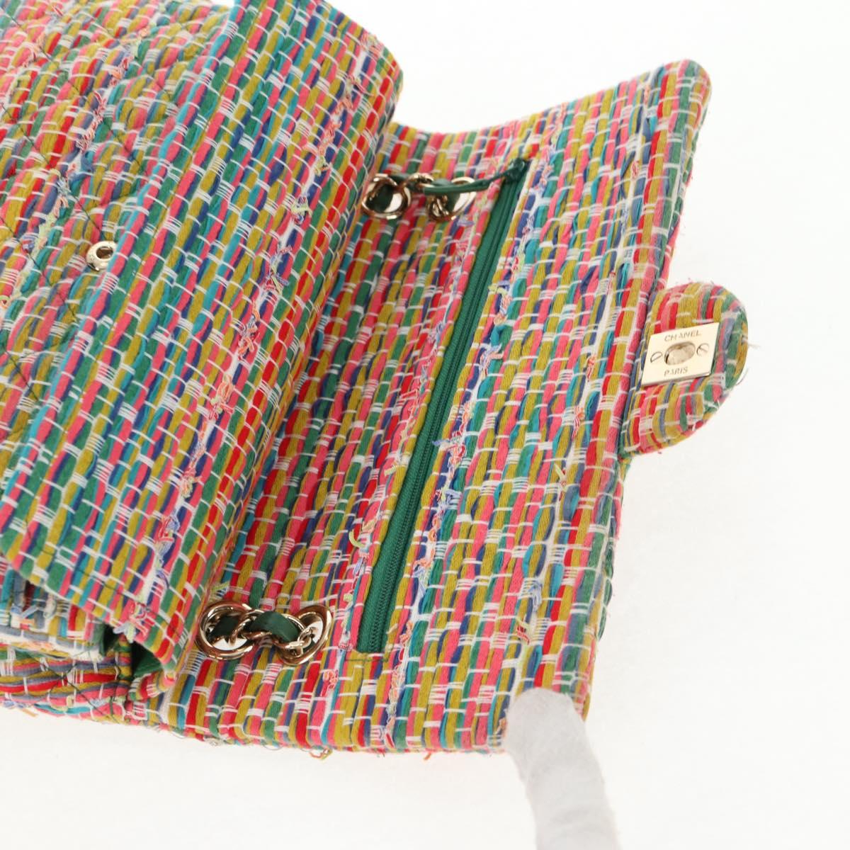 CHANEL Double Flap Matelasse 25 Chain Bag tweed Multicolor Gold CC Auth 142314SM