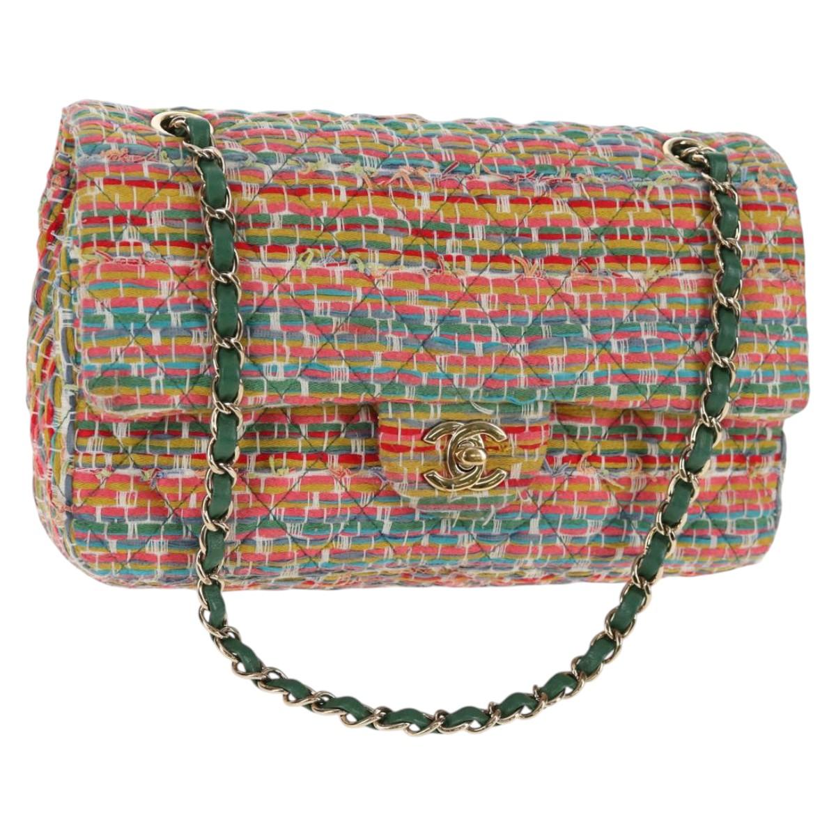 CHANEL Double Flap Matelasse 25 Chain Bag tweed Multicolor Gold CC Auth 142314SM