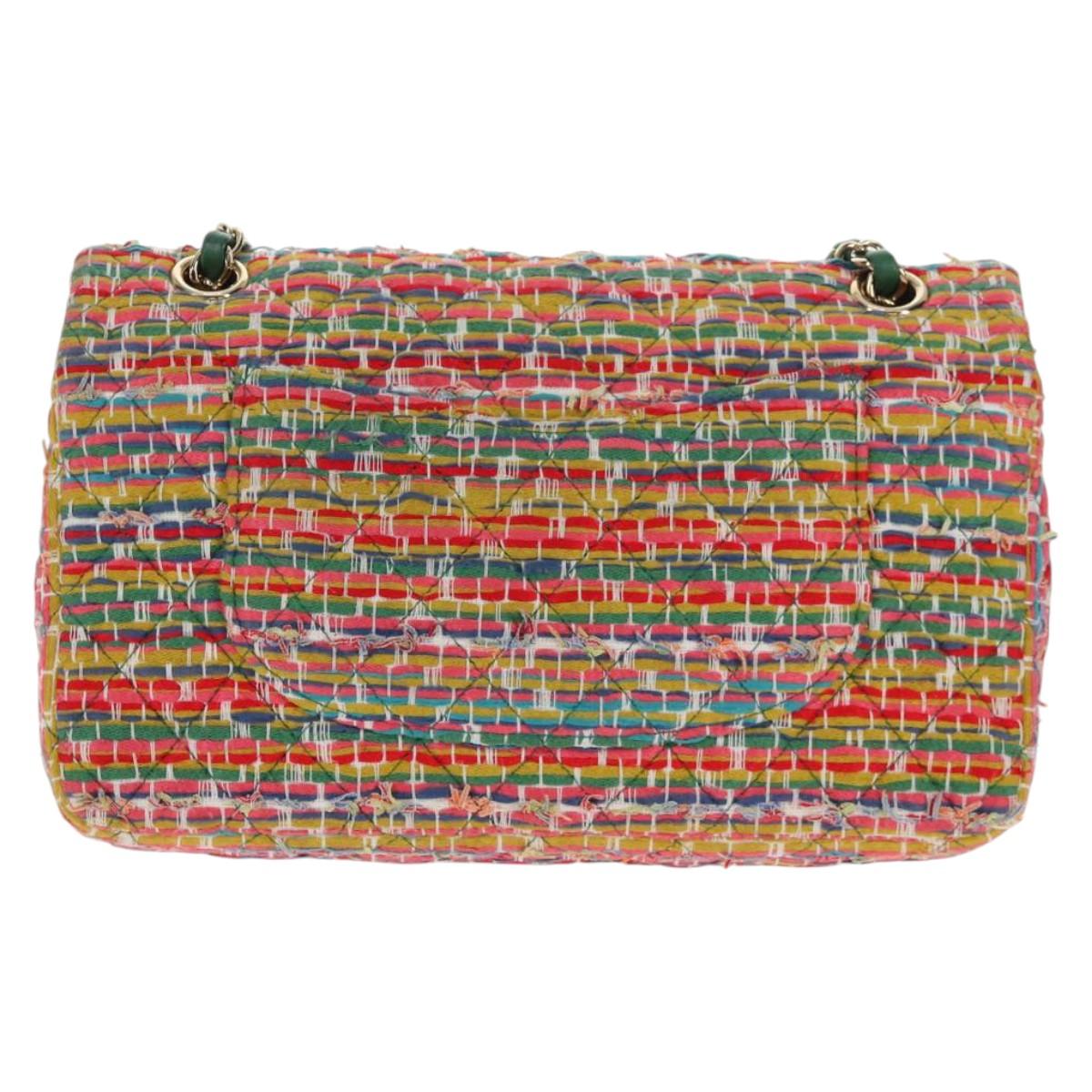 CHANEL Double Flap Matelasse 25 Chain Bag tweed Multicolor Gold CC Auth 142314SM
