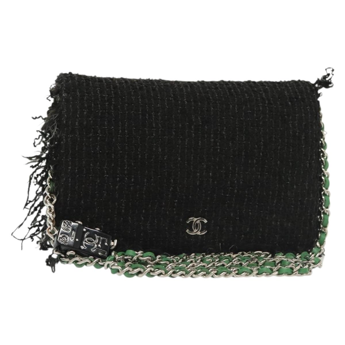 CHANEL Chain Wallet Tweed Black Silver CC Auth 142315