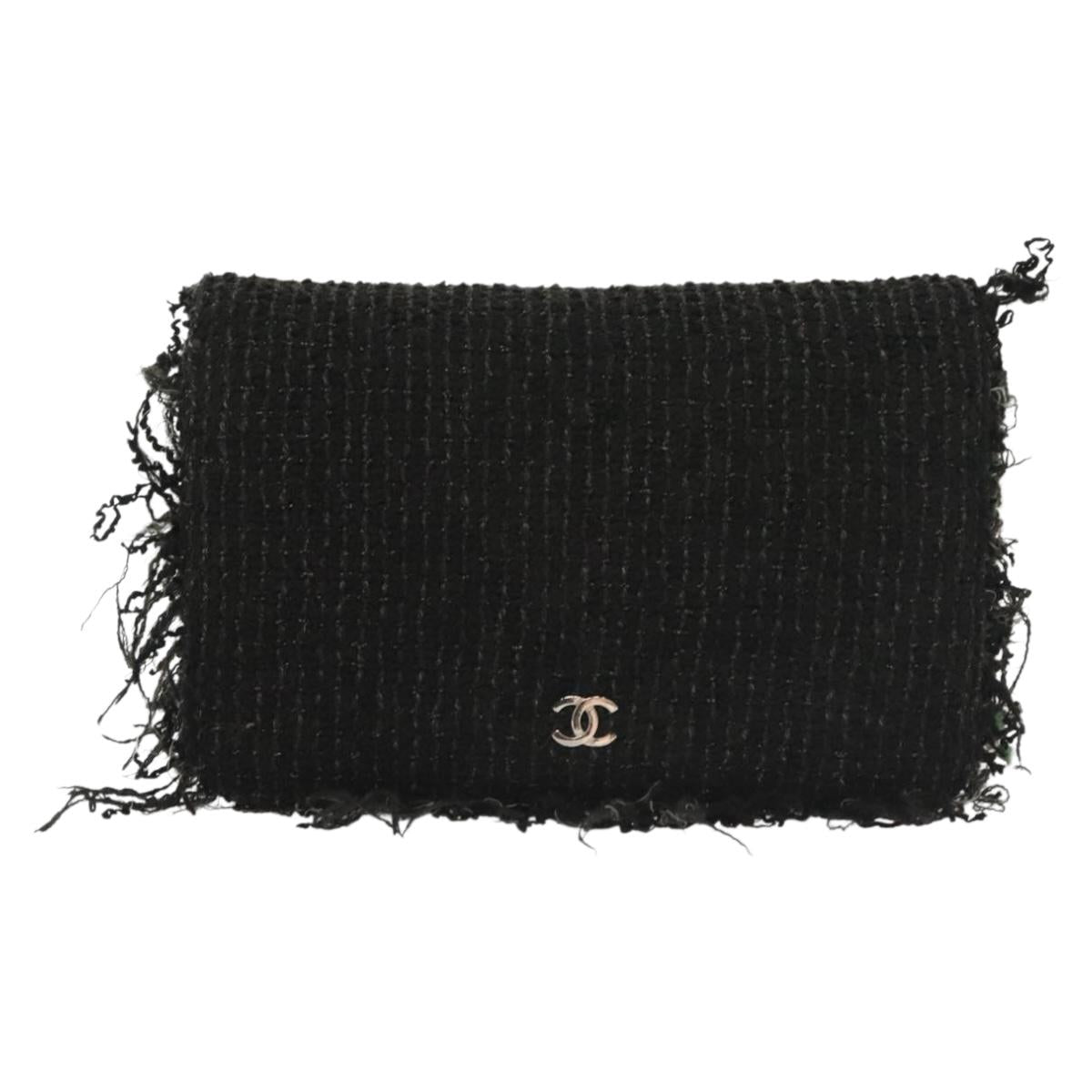 CHANEL Chain Wallet Tweed Black Silver CC Auth 142315