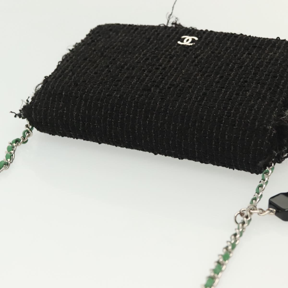 CHANEL Chain Wallet Tweed Black Silver CC Auth 142315