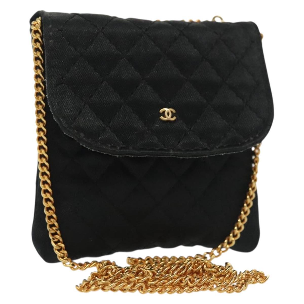 CHANEL Matelasse Chain Pouch Satin Black Gold CC Auth 142346