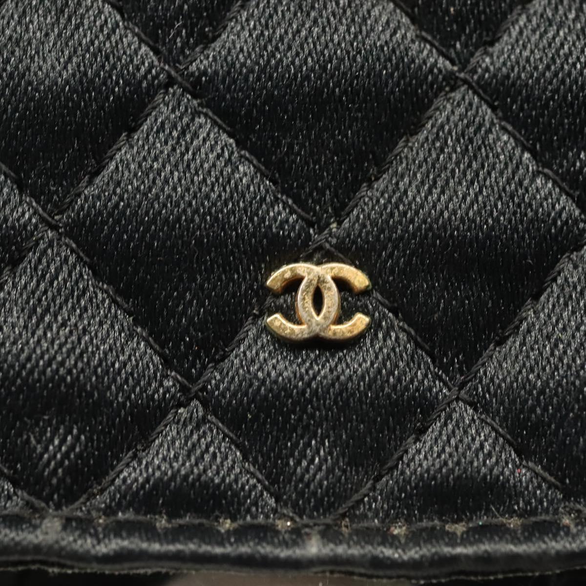 CHANEL Matelasse Chain Pouch Satin Black Gold CC Auth 142346