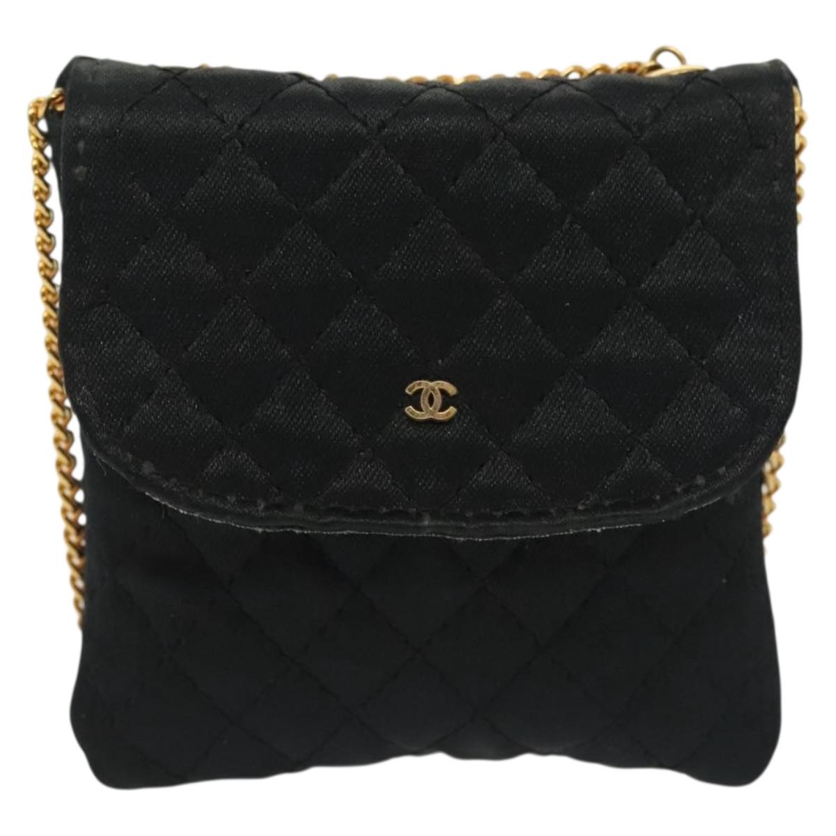 CHANEL Matelasse Chain Pouch Satin Black Gold CC Auth 142346