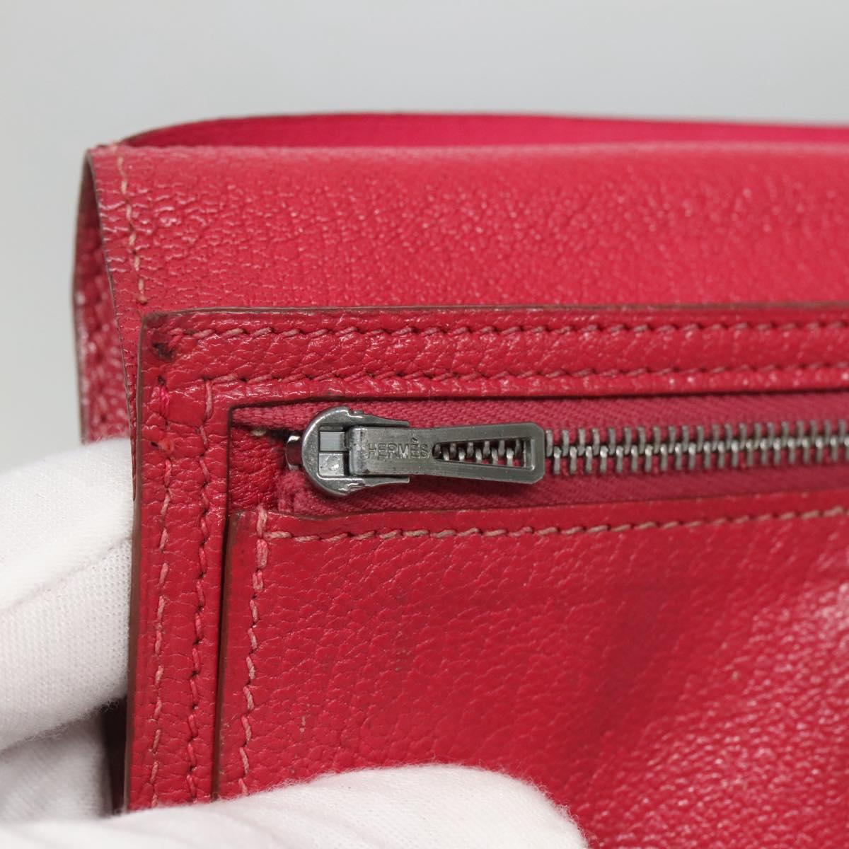 HERMES Wallet Leather Red Silver Auth 142361
