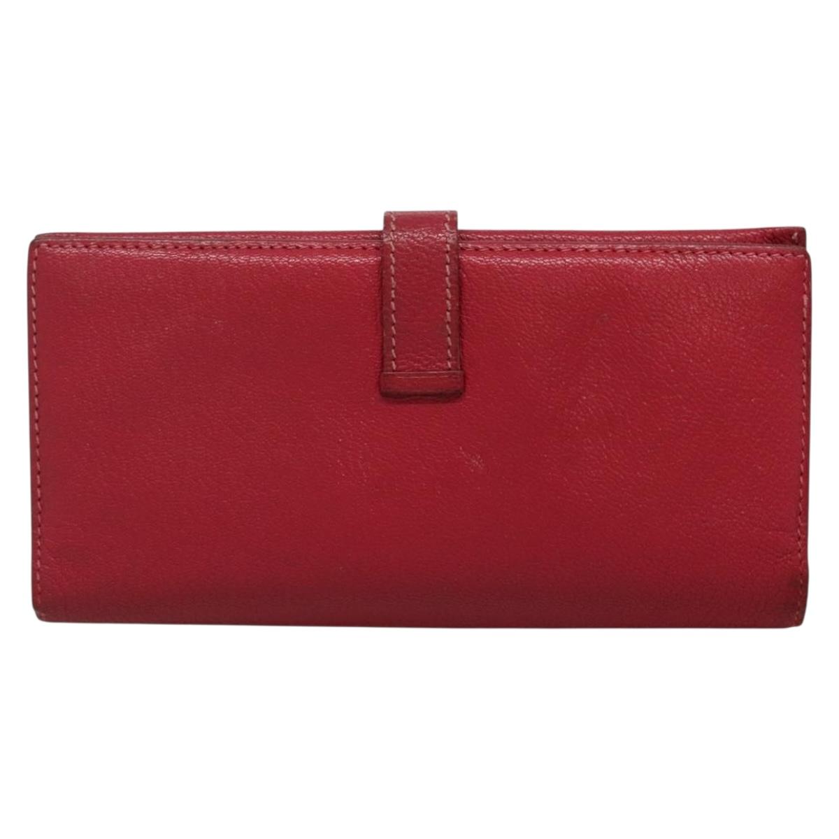 HERMES Wallet Leather Red Silver Auth 142361