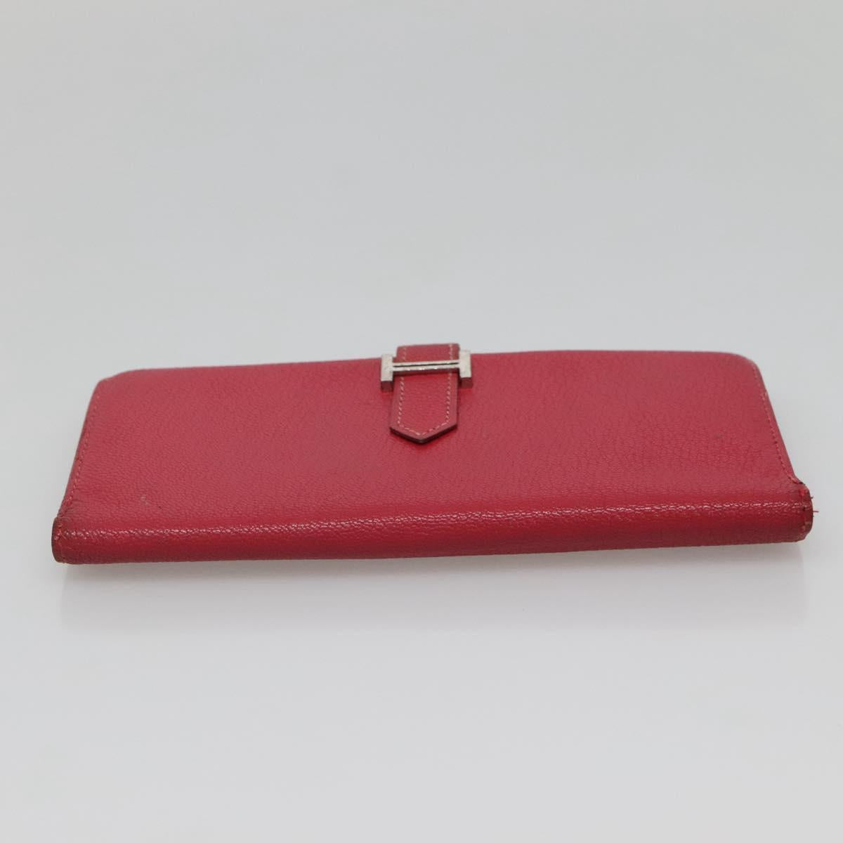 HERMES Wallet Leather Red Silver Auth 142361