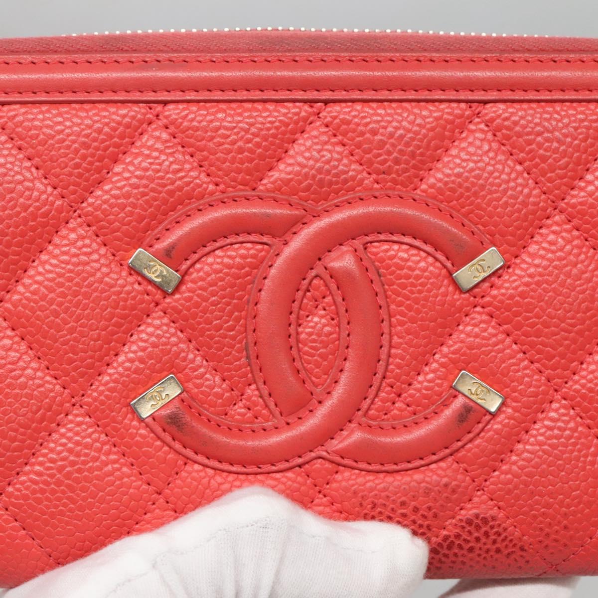 CHANEL Matelasse Long Wallet Caviar Skin Pink Gold CC Auth 142363