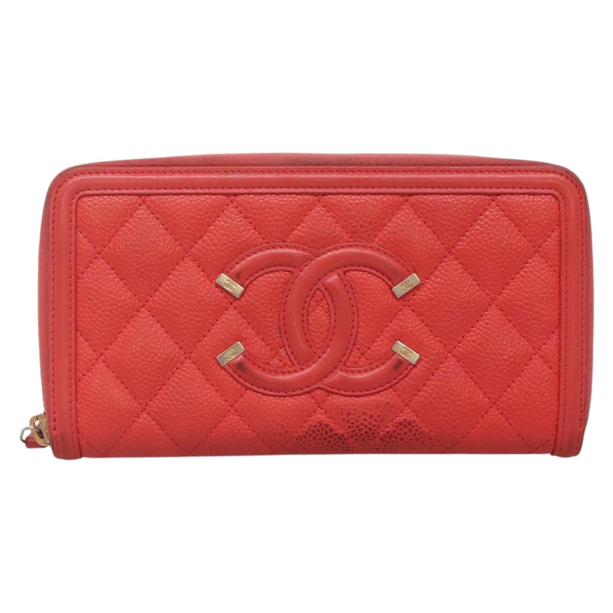 CHANEL Matelasse Long Wallet Caviar Skin Pink Gold CC Auth 142363