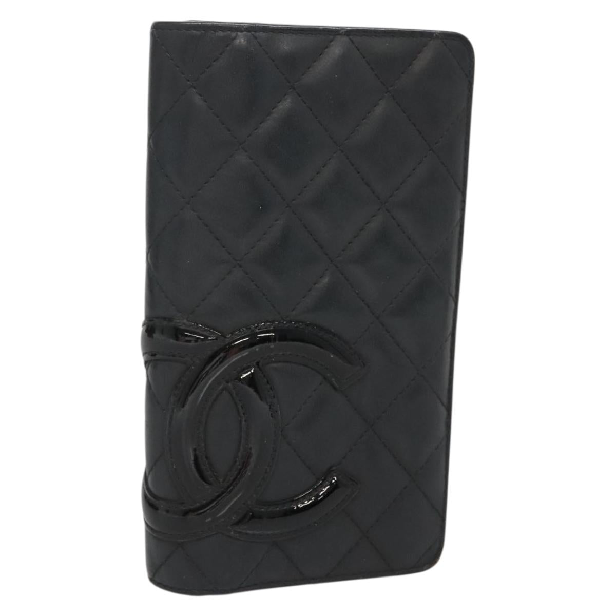 CHANEL Cambon Line Matelasse Long Wallet Calf Skin Black CC Auth 142364