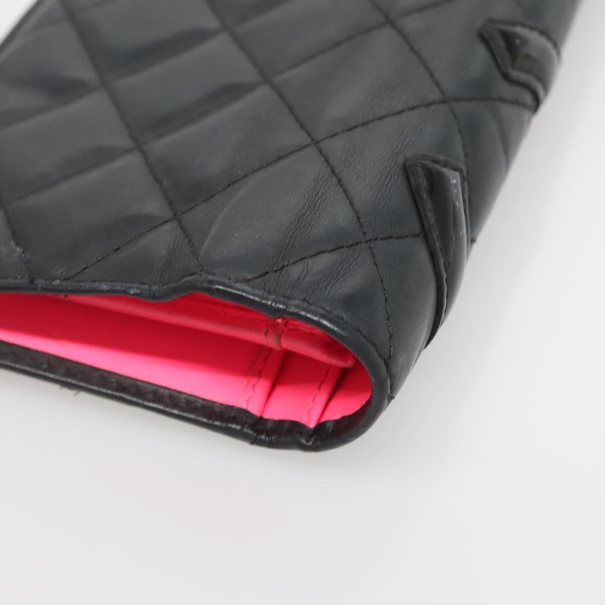 CHANEL Cambon Line Matelasse Long Wallet Calf Skin Black CC Auth 142364