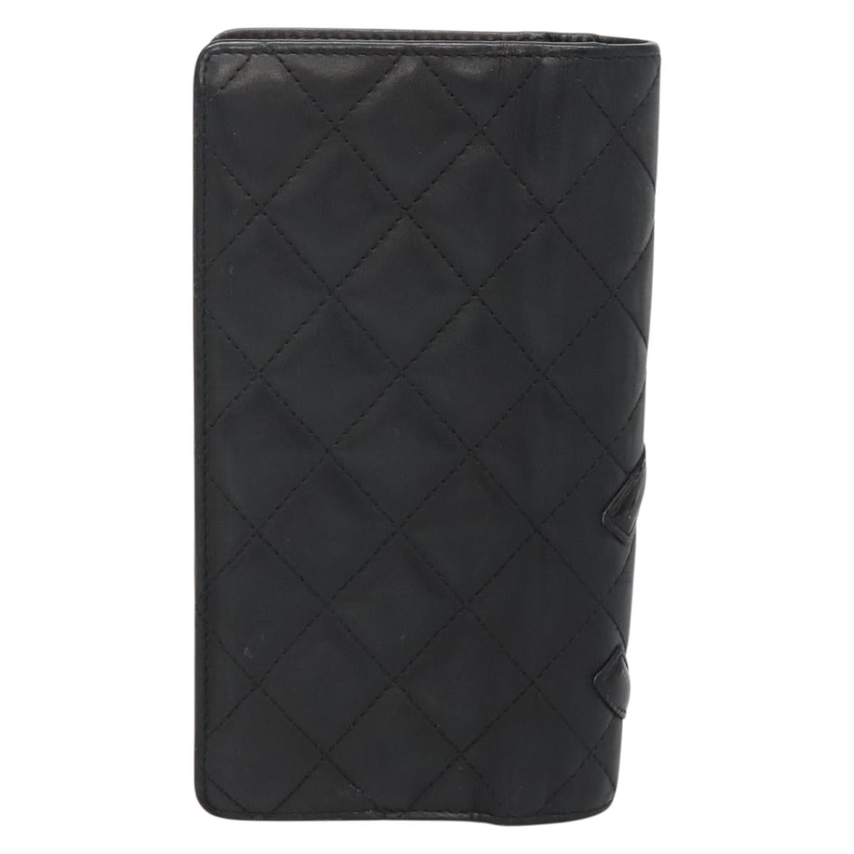 CHANEL Cambon Line Matelasse Long Wallet Calf Skin Black CC Auth 142364