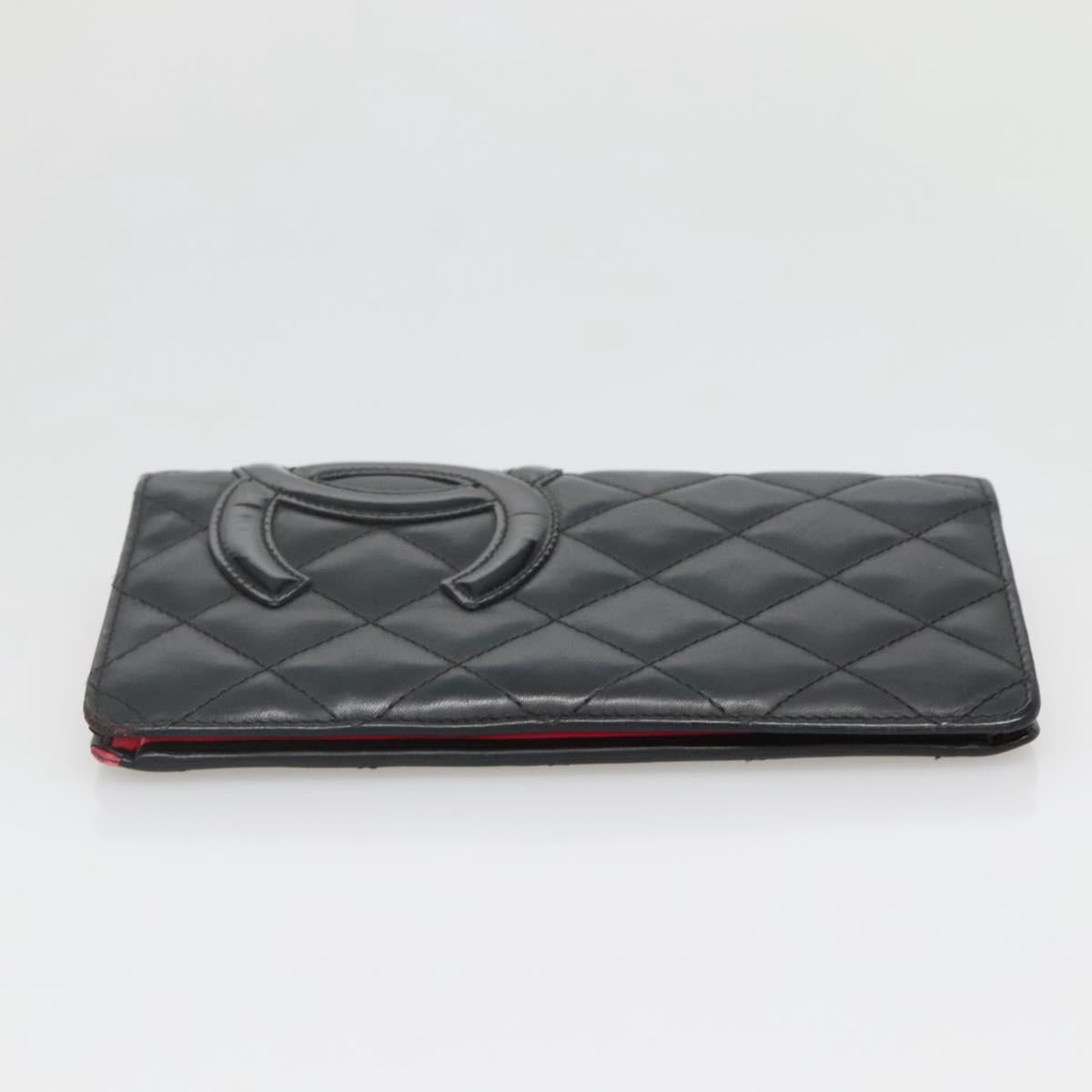 CHANEL Cambon Line Matelasse Long Wallet Calf Skin Black CC Auth 142364