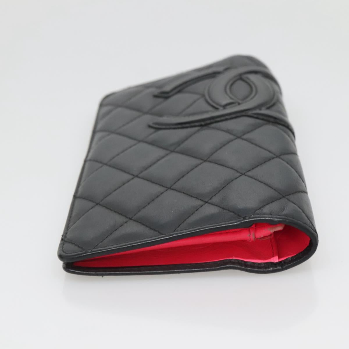 CHANEL Cambon Line Matelasse Long Wallet Calf Skin Black CC Auth 142364