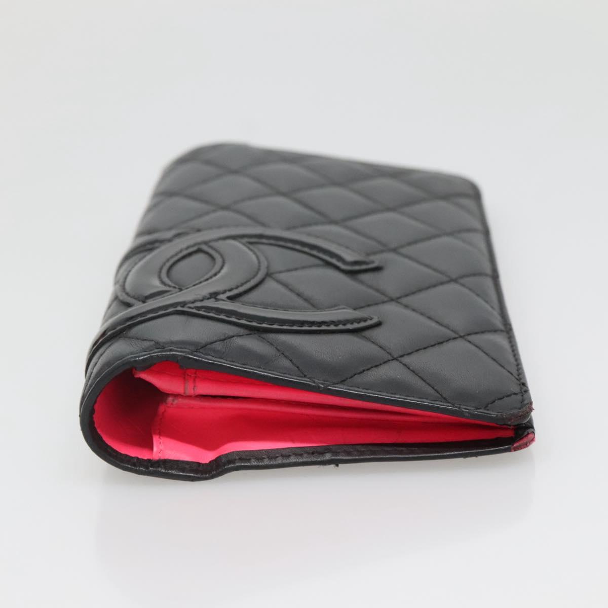 CHANEL Cambon Line Matelasse Long Wallet Calf Skin Black CC Auth 142364