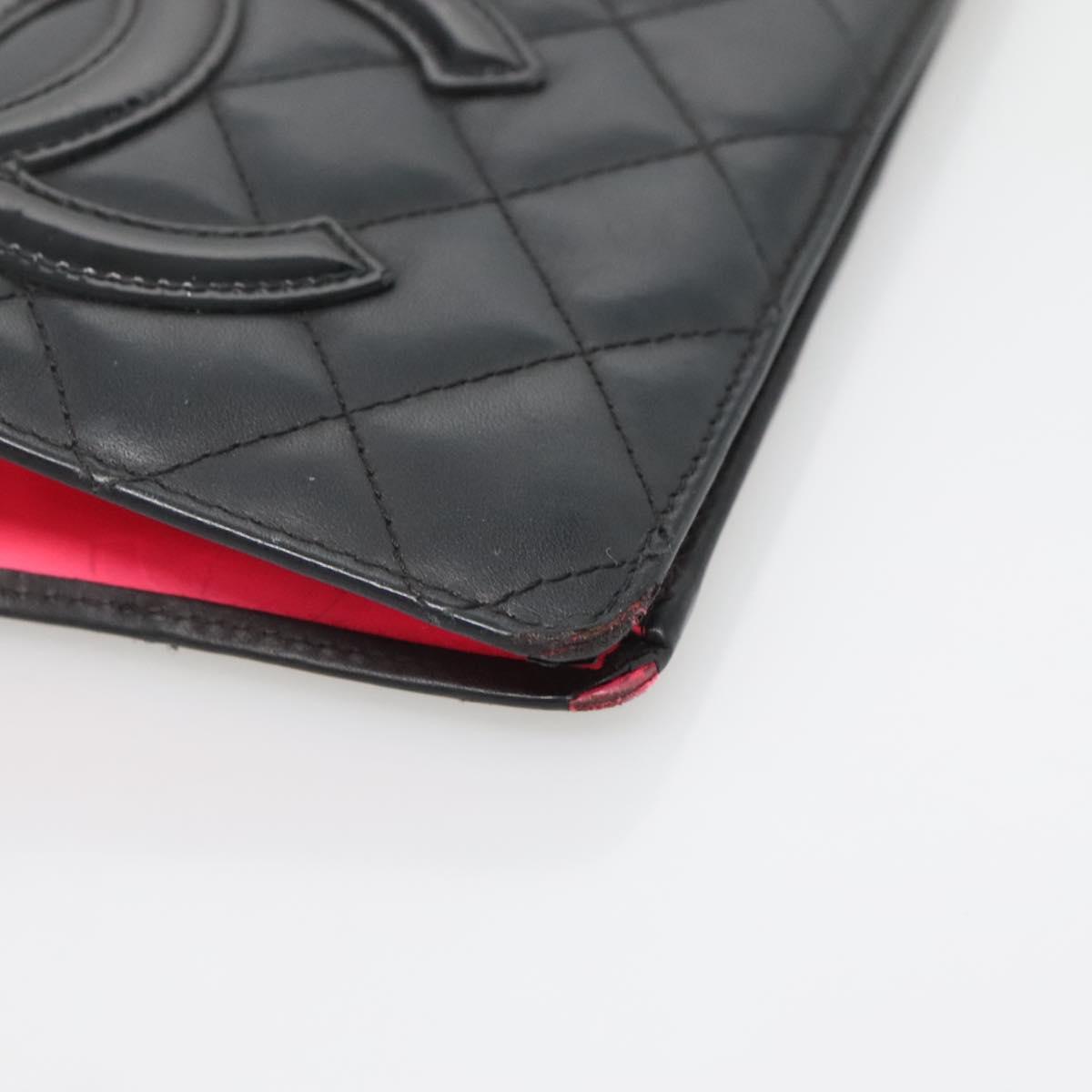 CHANEL Cambon Line Matelasse Long Wallet Calf Skin Black CC Auth 142364
