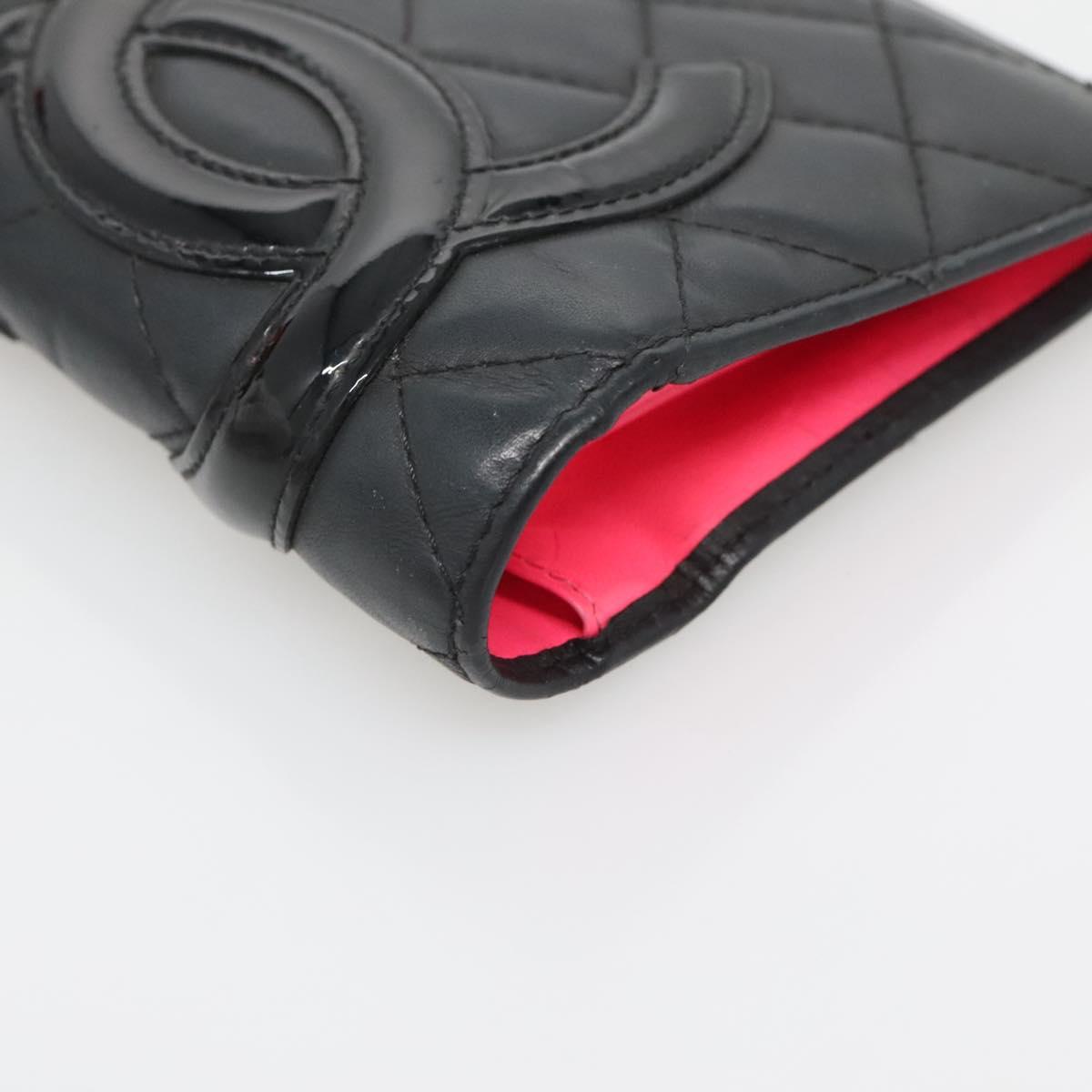 CHANEL Cambon Line Matelasse Long Wallet Calf Skin Black CC Auth 142364