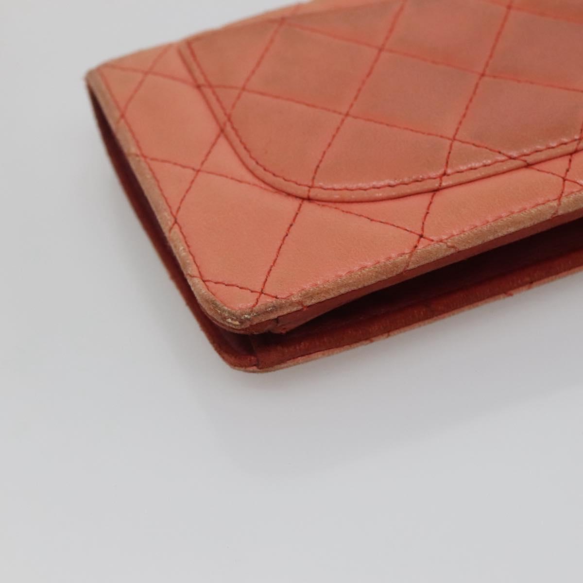 CHANEL Matelasse Long Wallet Lamb Skin Orange Silver CC Auth 142365
