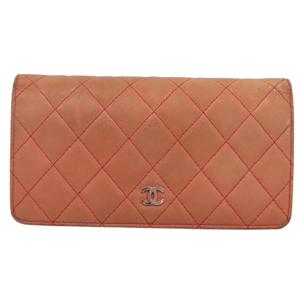 CHANEL Matelasse Long Wallet Lamb Skin Orange Silver CC Auth 142365