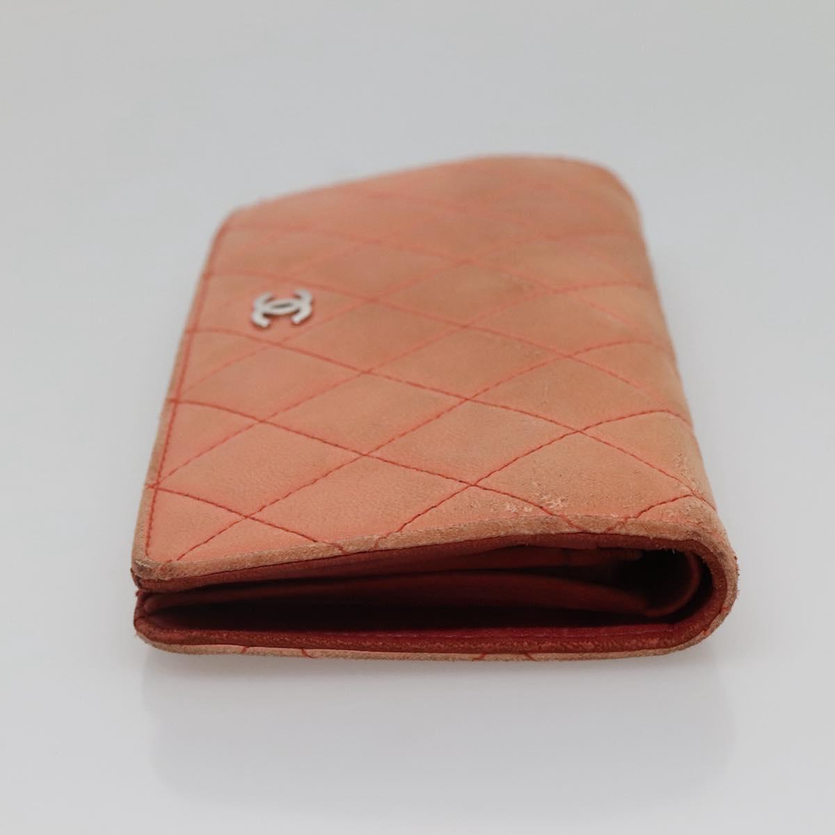 CHANEL Matelasse Long Wallet Lamb Skin Orange Silver CC Auth 142365