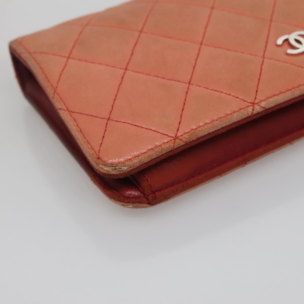CHANEL Matelasse Long Wallet Lamb Skin Orange Silver CC Auth 142365