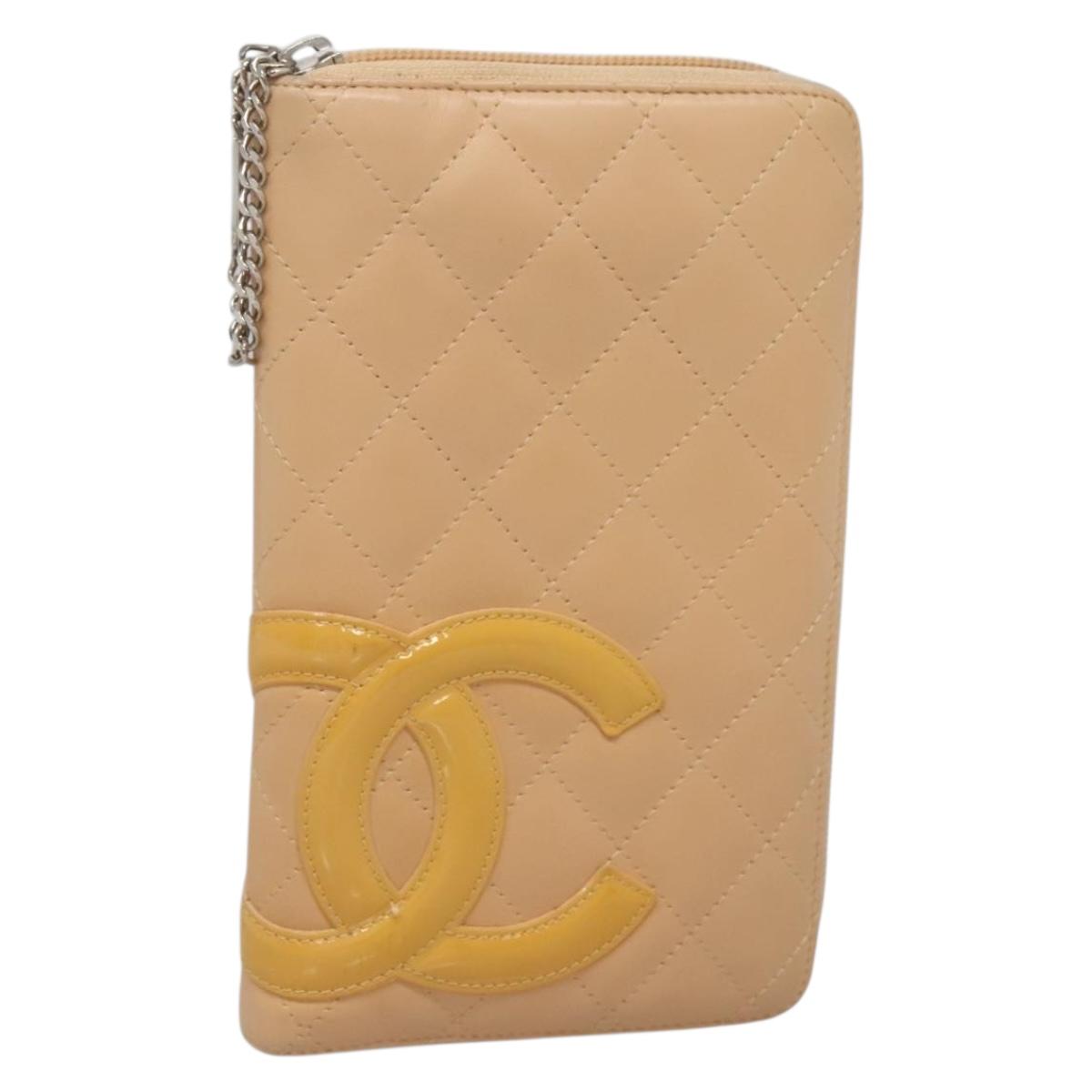 CHANEL Cambon Line Matelasse Long Wallet Calf Skin Orange Silver CC Auth 142366