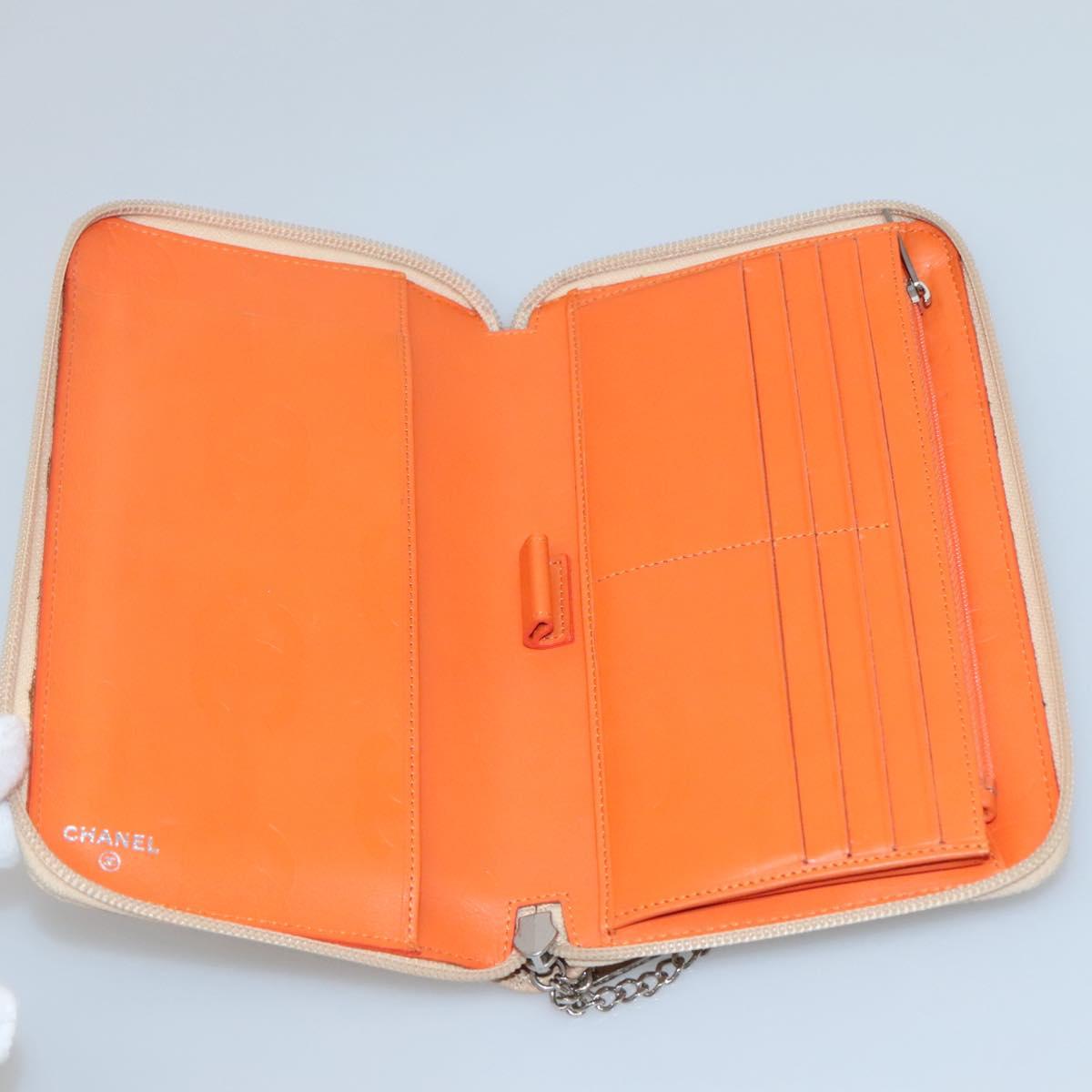 CHANEL Cambon Line Matelasse Long Wallet Calf Skin Orange Silver CC Auth 142366