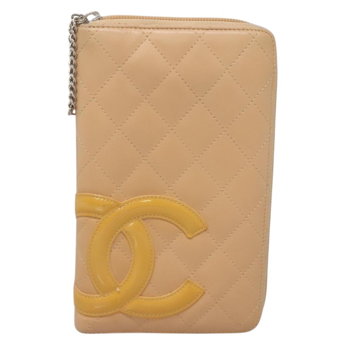 CHANEL Cambon Line Matelasse Long Wallet Calf Skin Orange Silver CC Auth 142366