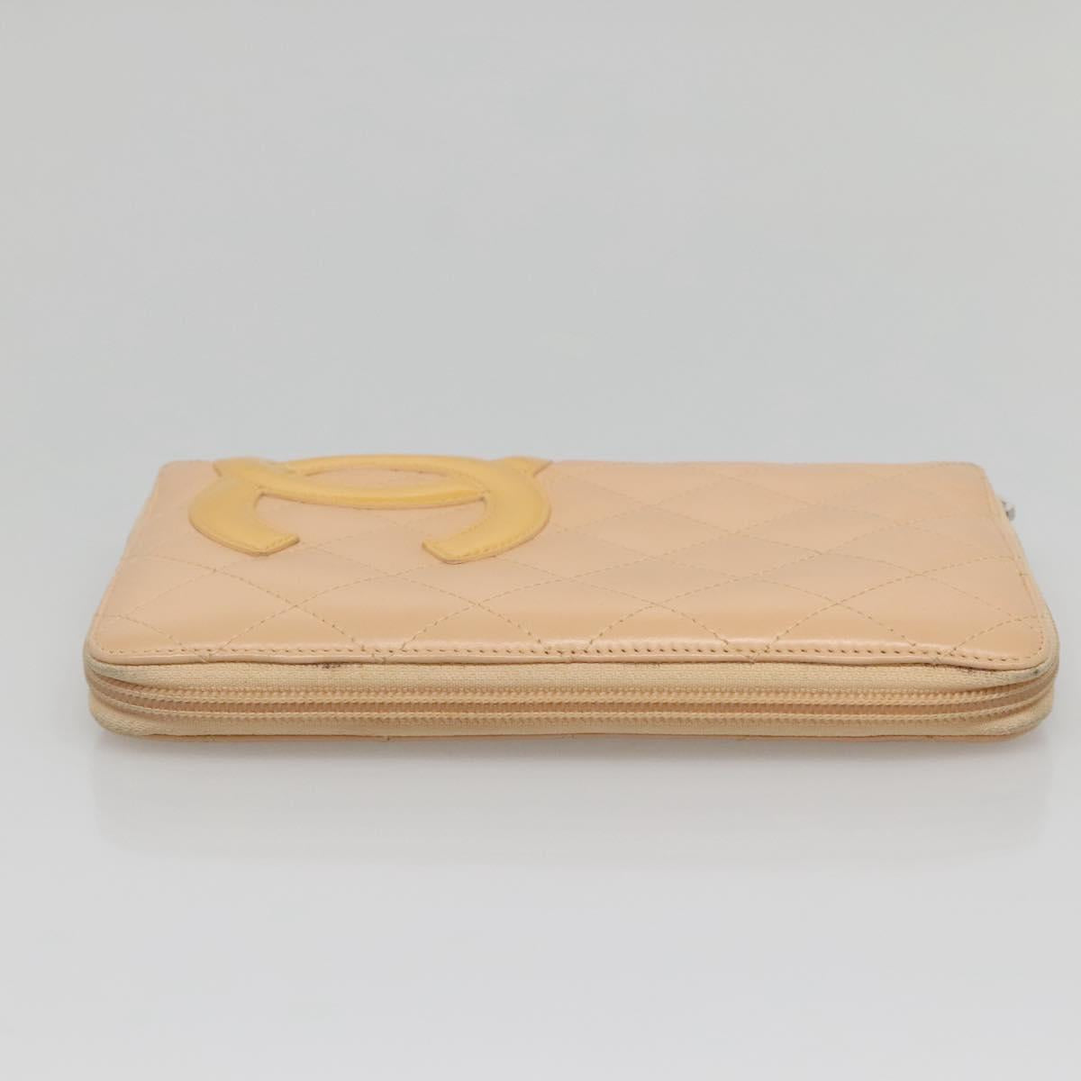 CHANEL Cambon Line Matelasse Long Wallet Calf Skin Orange Silver CC Auth 142366