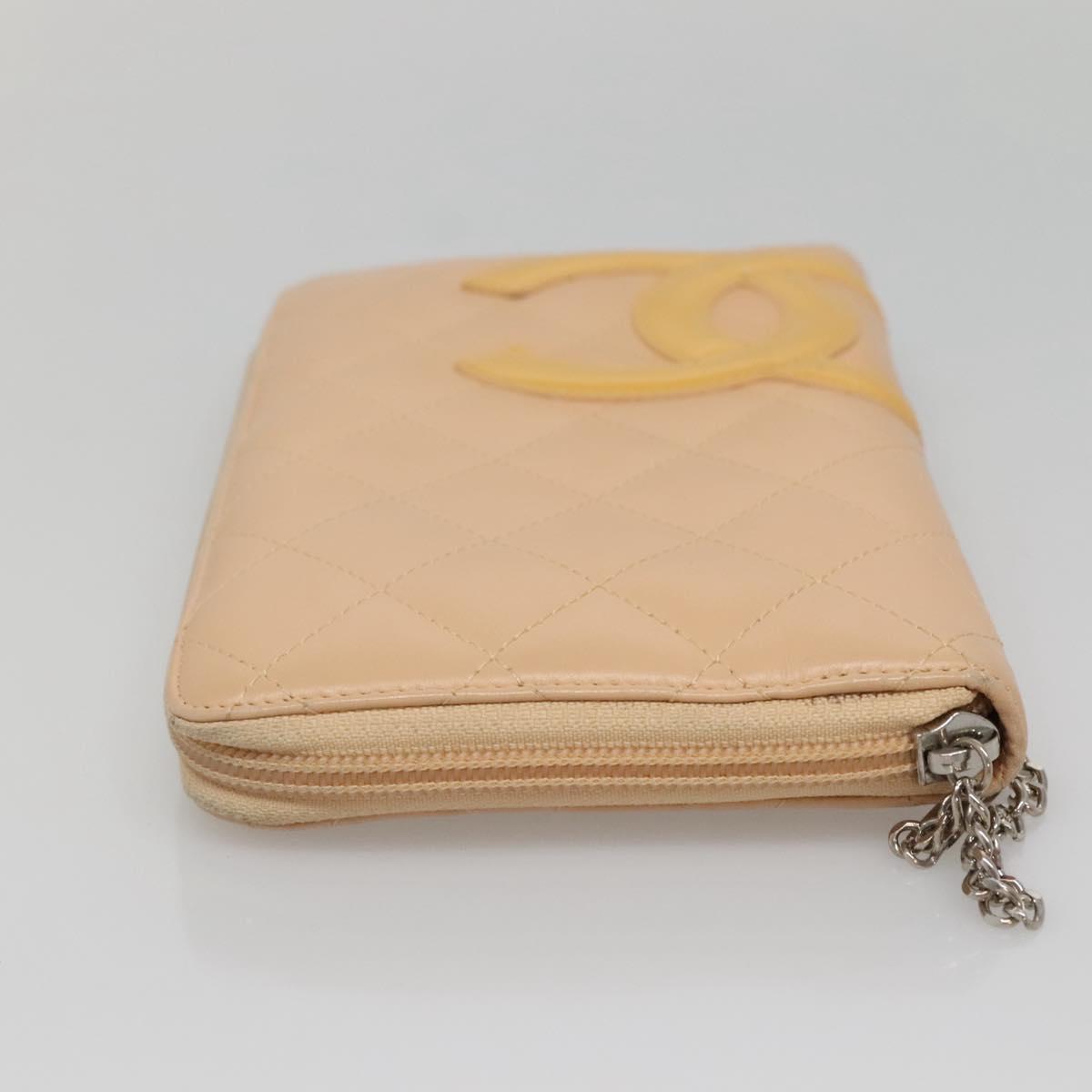 CHANEL Cambon Line Matelasse Long Wallet Calf Skin Orange Silver CC Auth 142366