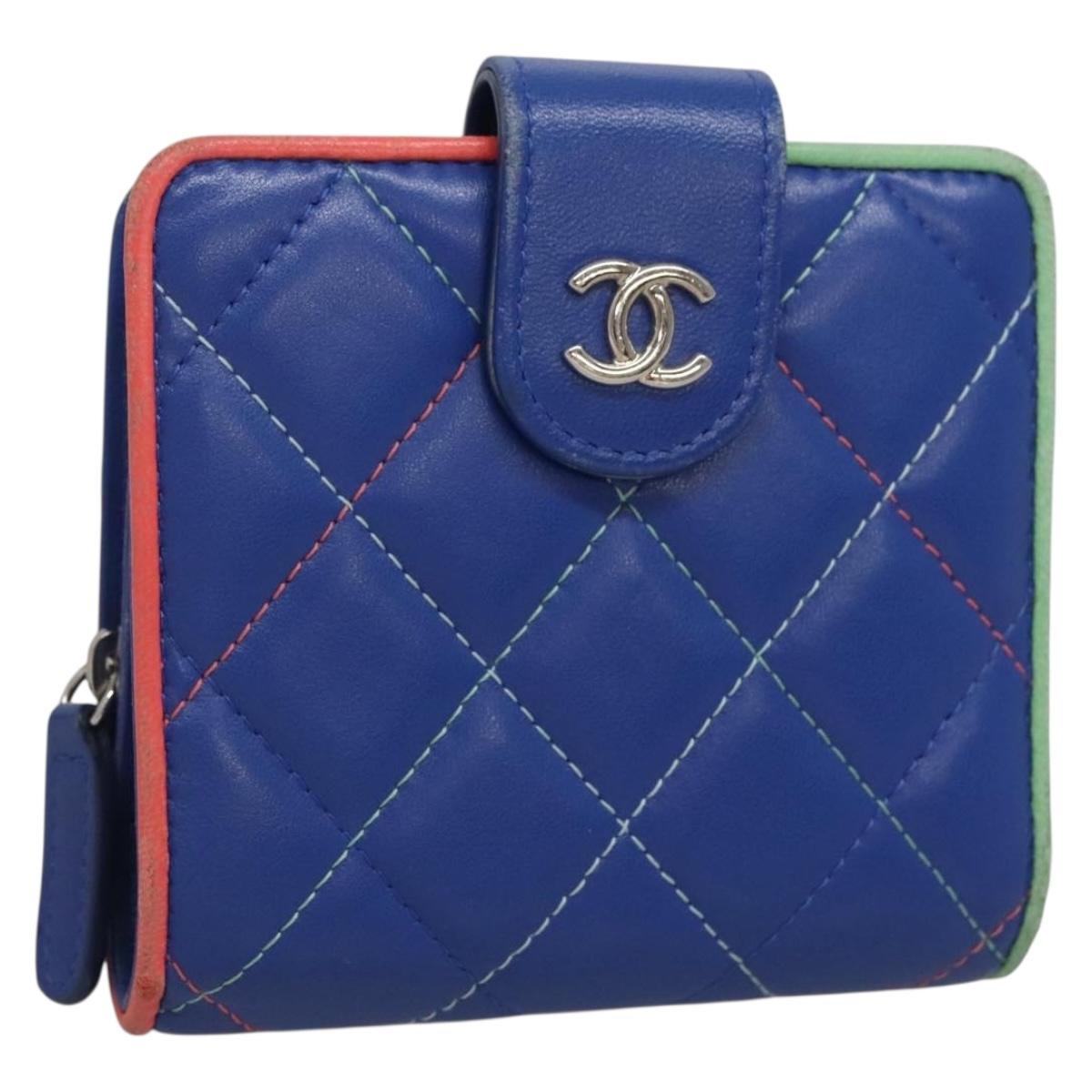 CHANEL Compact Wallet Lamb Skin Blue CC Auth 142369