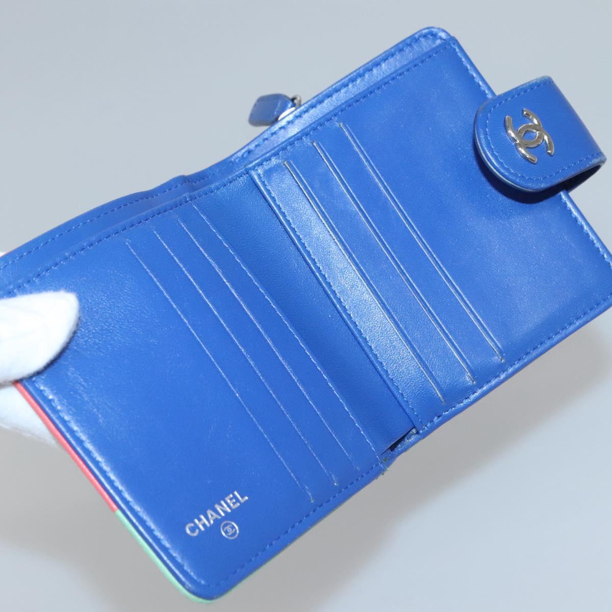 CHANEL Compact Wallet Lamb Skin Blue CC Auth 142369