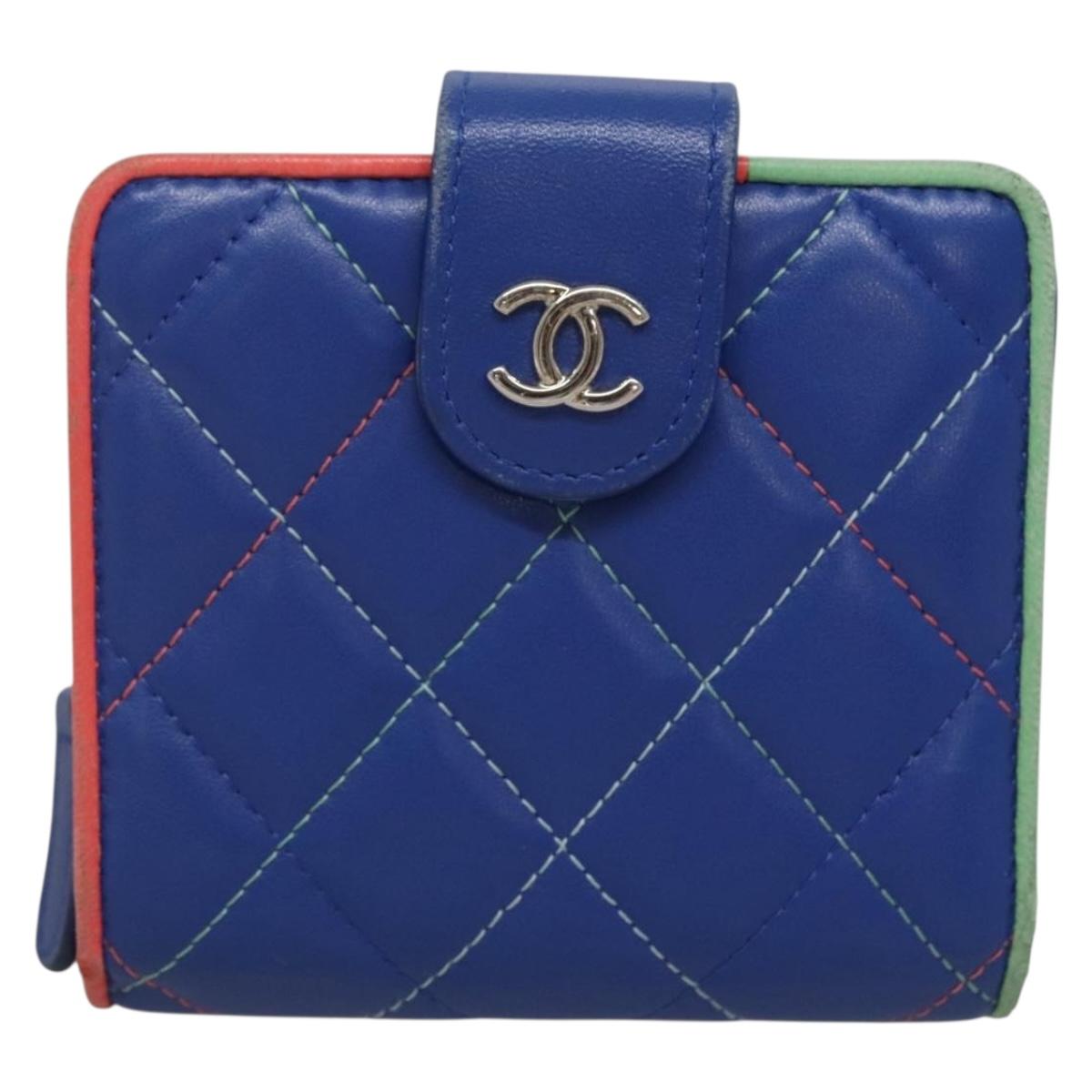 CHANEL Compact Wallet Lamb Skin Blue CC Auth 142369