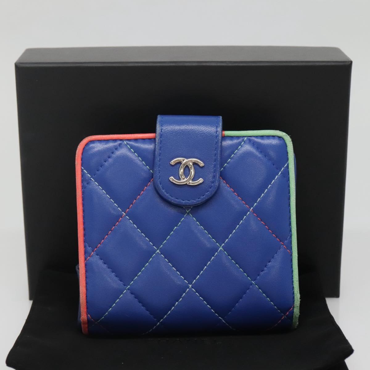 CHANEL Compact Wallet Lamb Skin Blue CC Auth 142369