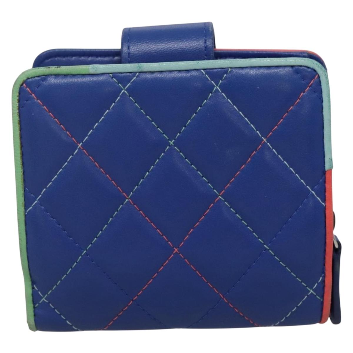 CHANEL Compact Wallet Lamb Skin Blue CC Auth 142369