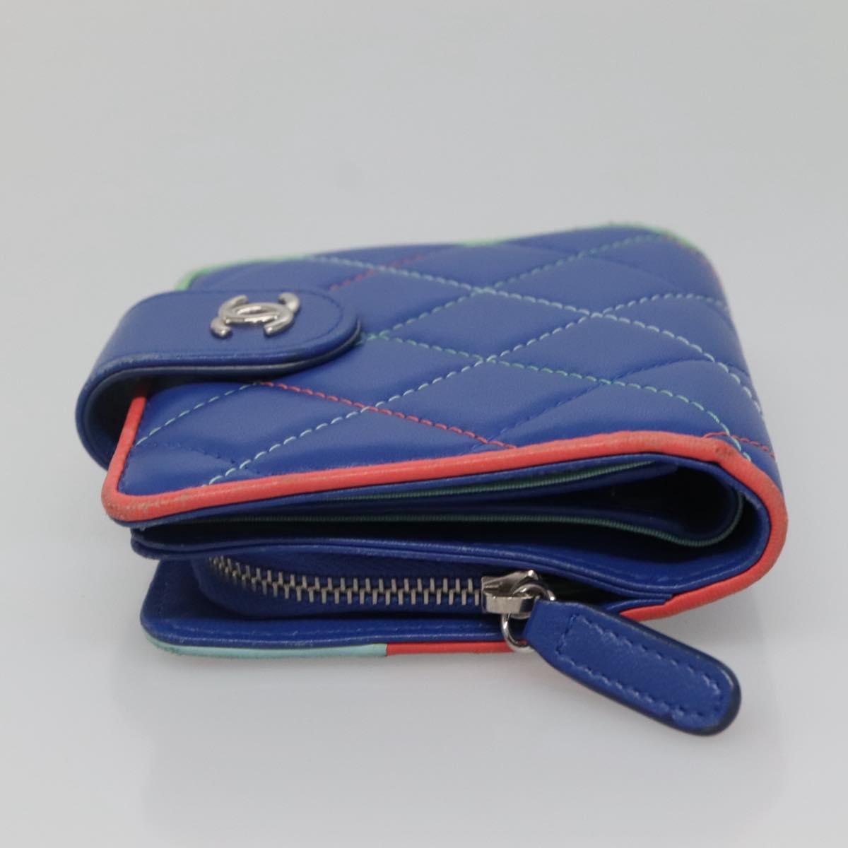 CHANEL Compact Wallet Lamb Skin Blue CC Auth 142369