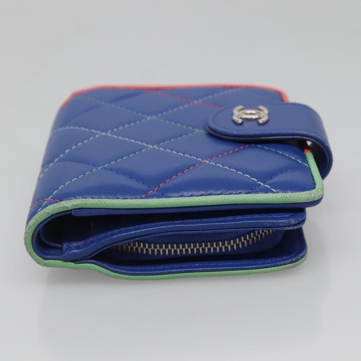 CHANEL Compact Wallet Lamb Skin Blue CC Auth 142369