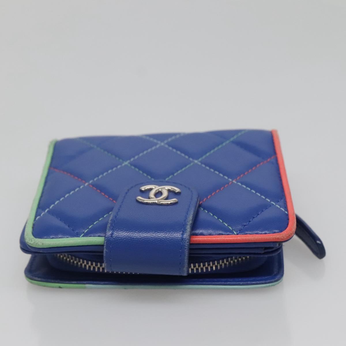 CHANEL Compact Wallet Lamb Skin Blue CC Auth 142369