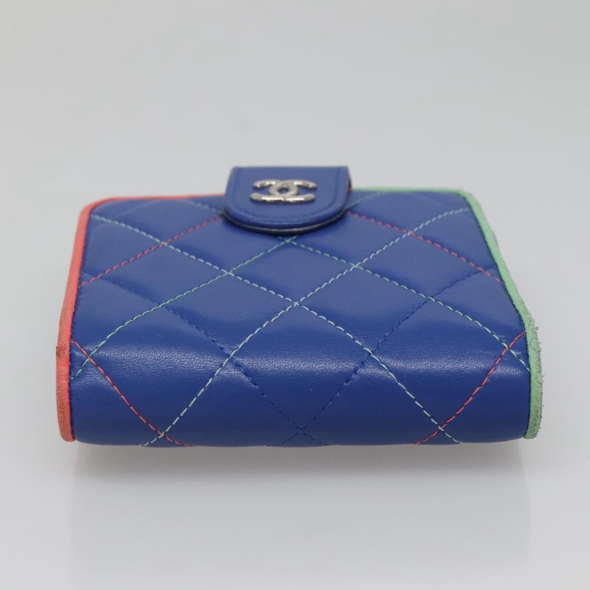 CHANEL Compact Wallet Lamb Skin Blue CC Auth 142369