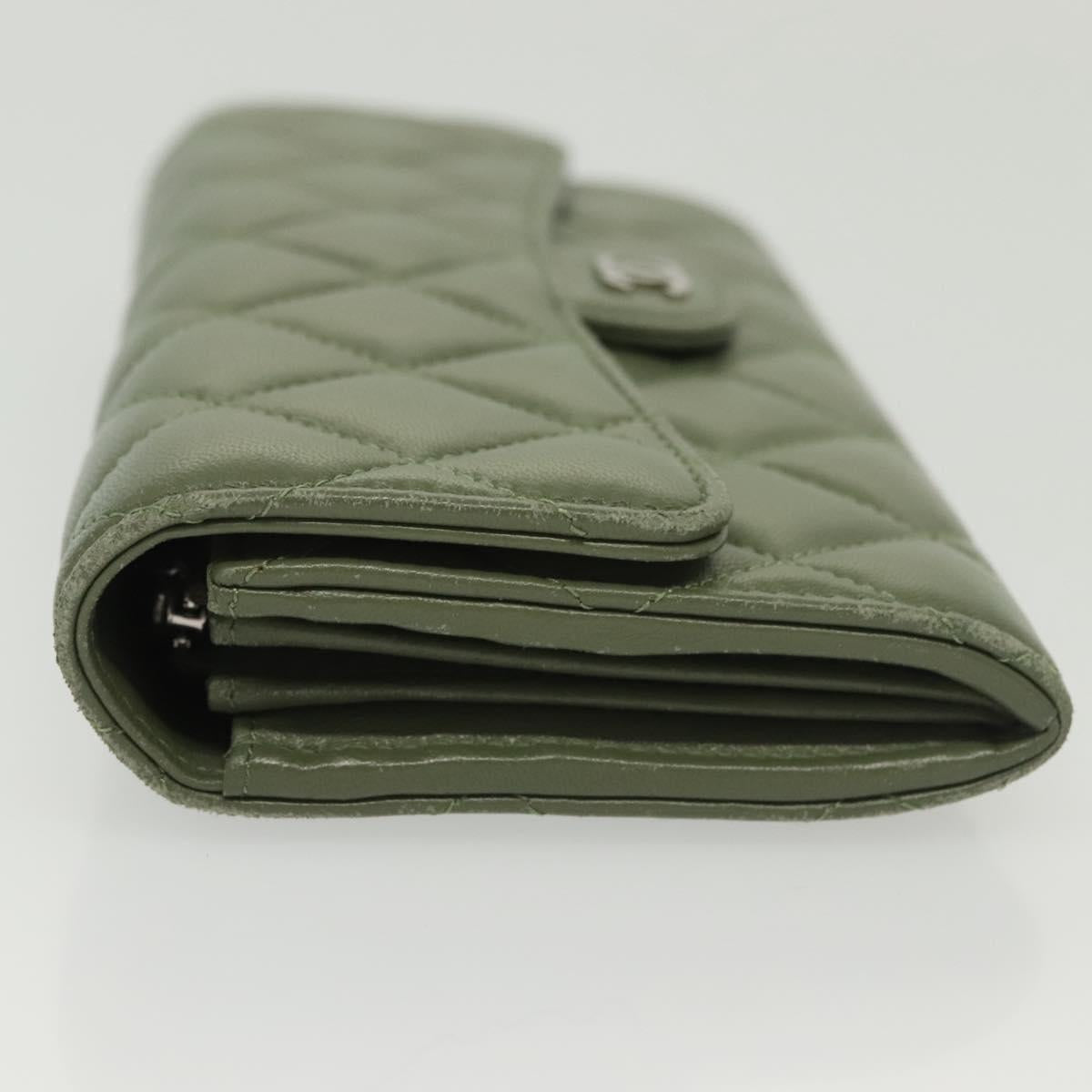 CHANEL Long Wallet Lamb Skin Green CC Auth 142370